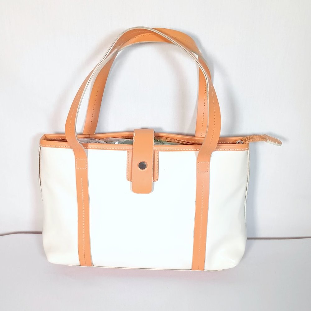 MX Purse Handbag White Patent Leather Tan Leather Zipper Close